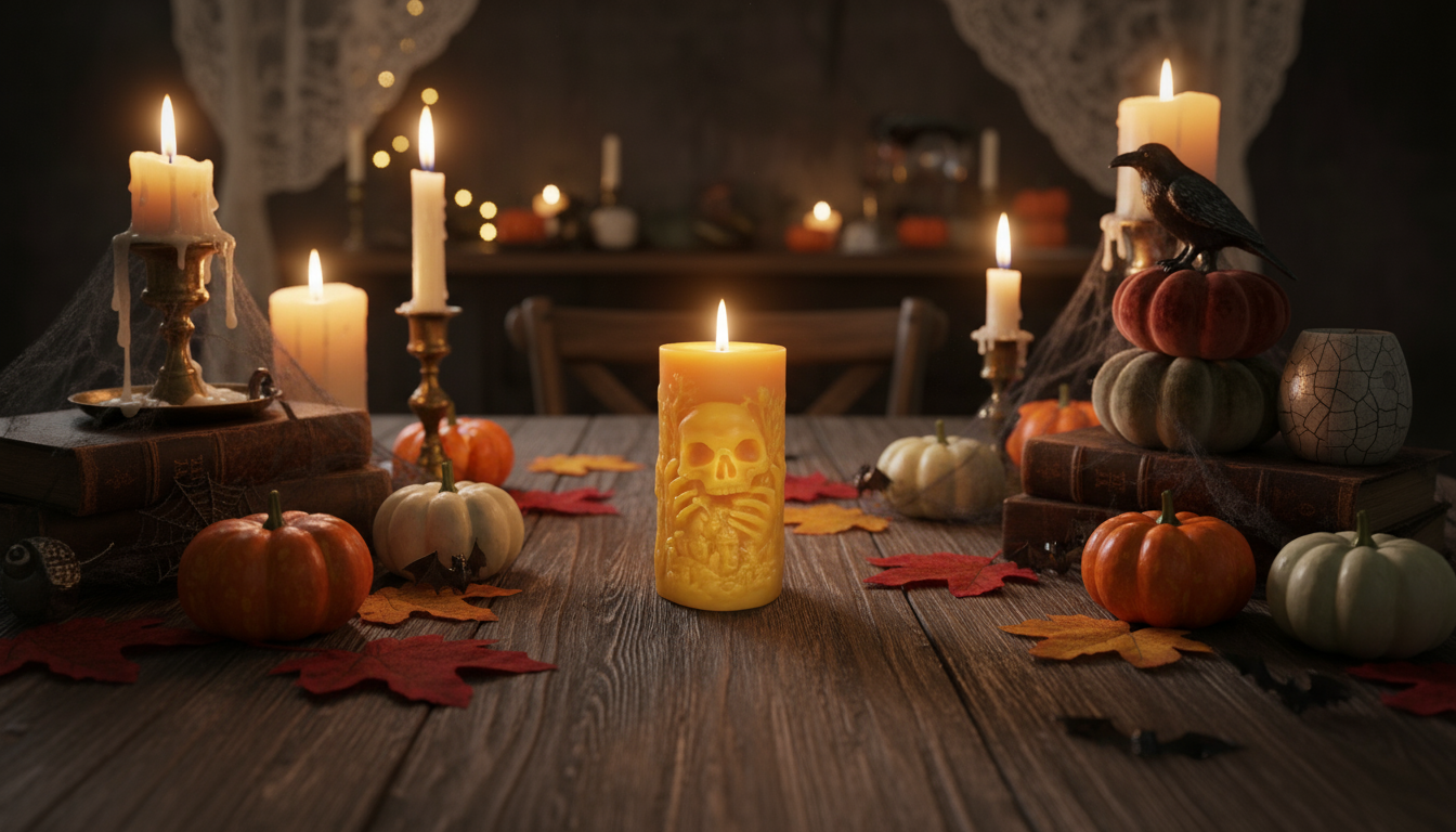 Kerze Totenkopf mit Händen und Dorf Motiv