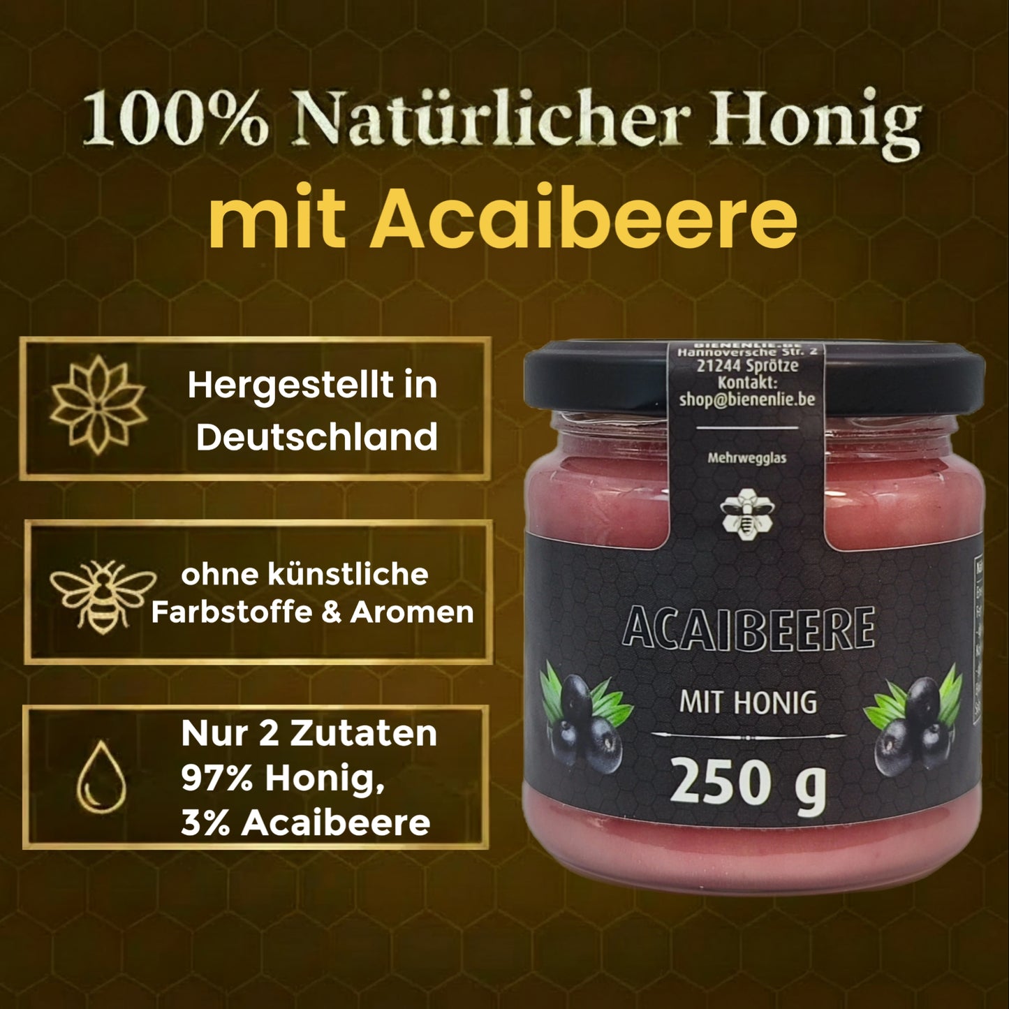 Honig mit Frucht 6er Set – Acaibeere, Sanddorn, Brombeere, Banane, Drachenfrucht & Aroniabeere | 6 × 250g