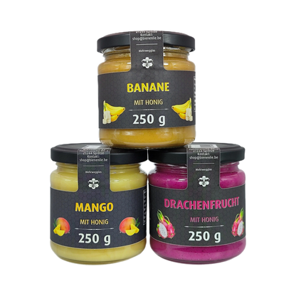 Honig mit Frucht 3`er Set, Mango, Banane, Drachenfrucht mit Honig je 250g