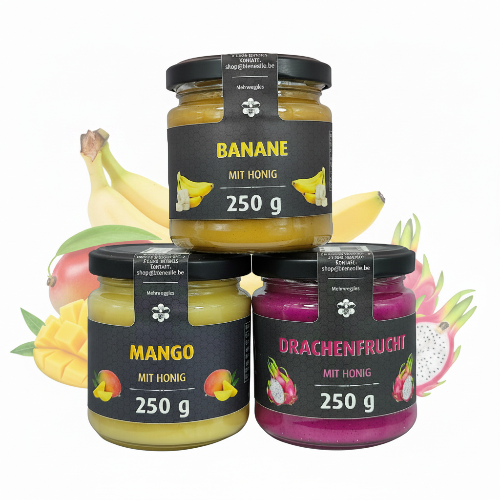 Honig mit Frucht 3`er Set, Mango, Banane, Drachenfrucht mit Honig je 250g