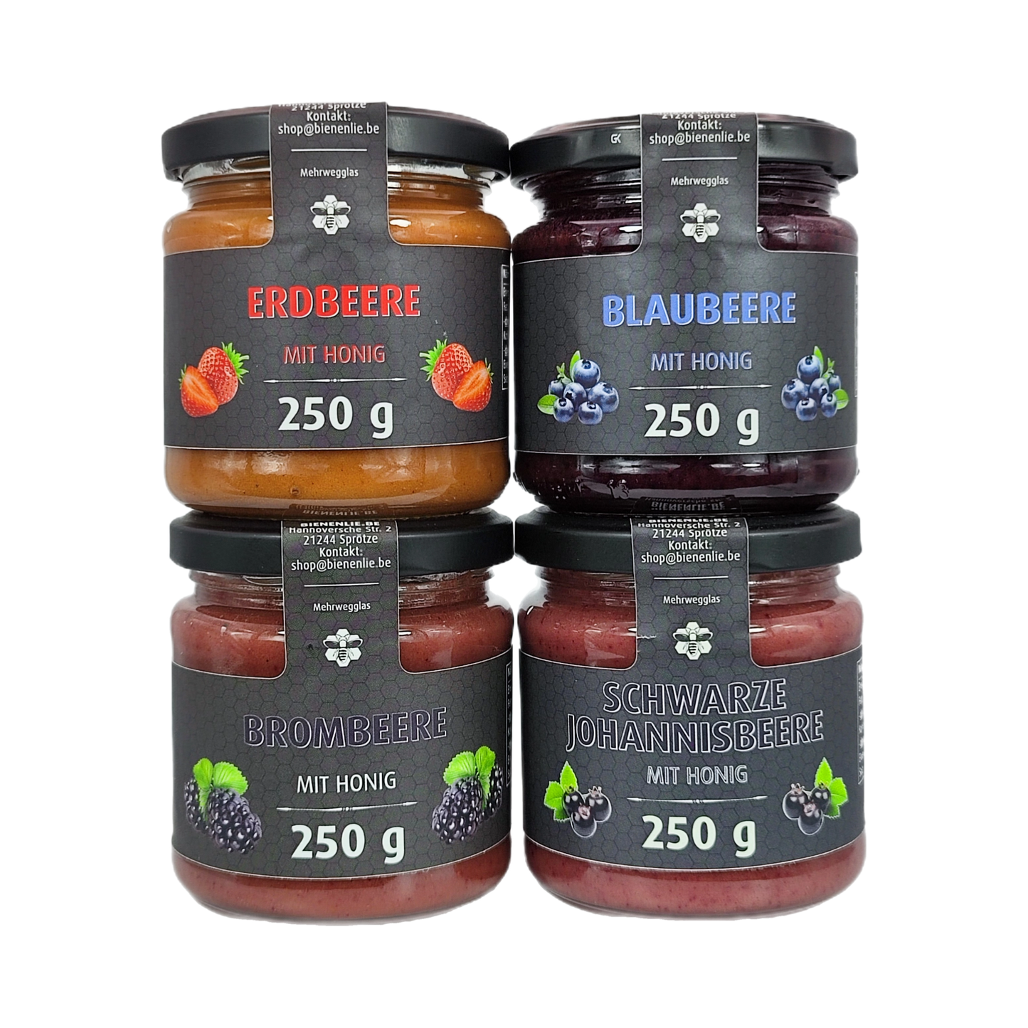 Frucht mit Honig 4'er set- Erdbeere, Blaubeere, Brombeere, Schwarze Johannesbeere im Set