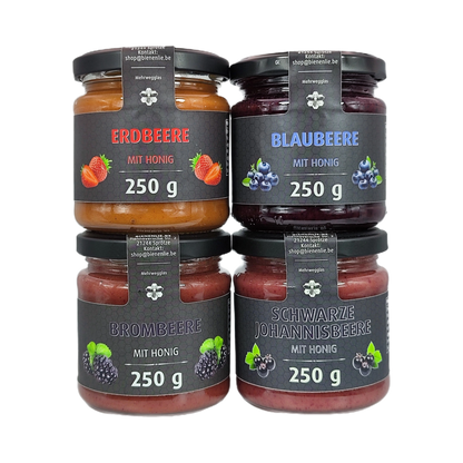 Frucht mit Honig 4'er set- Erdbeere, Blaubeere, Brombeere, Schwarze Johannesbeere im Set