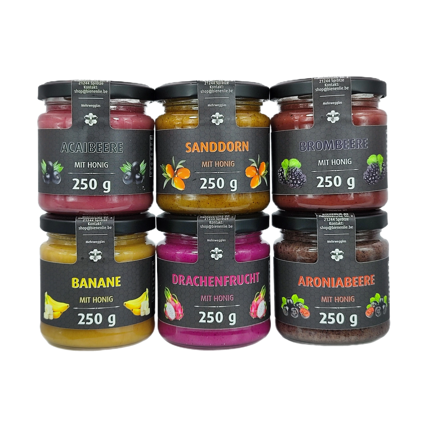 Honig mit Frucht 6er Set – Acaibeere, Sanddorn, Brombeere, Banane, Drachenfrucht & Aroniabeere | 6 × 250g