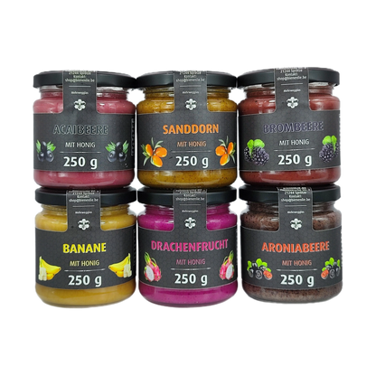 Honig mit Frucht 6er Set – Acaibeere, Sanddorn, Brombeere, Banane, Drachenfrucht & Aroniabeere | 6 × 250g