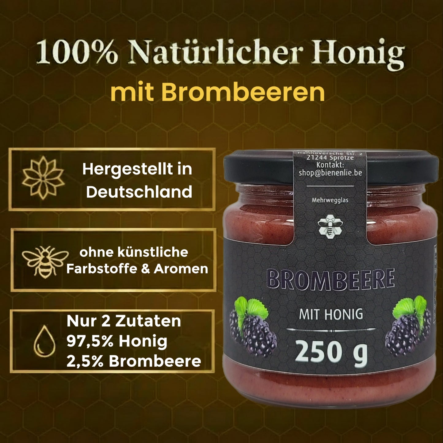 Frucht mit Honig 4'er set- Erdbeere, Blaubeere, Brombeere, Schwarze Johannesbeere im Set