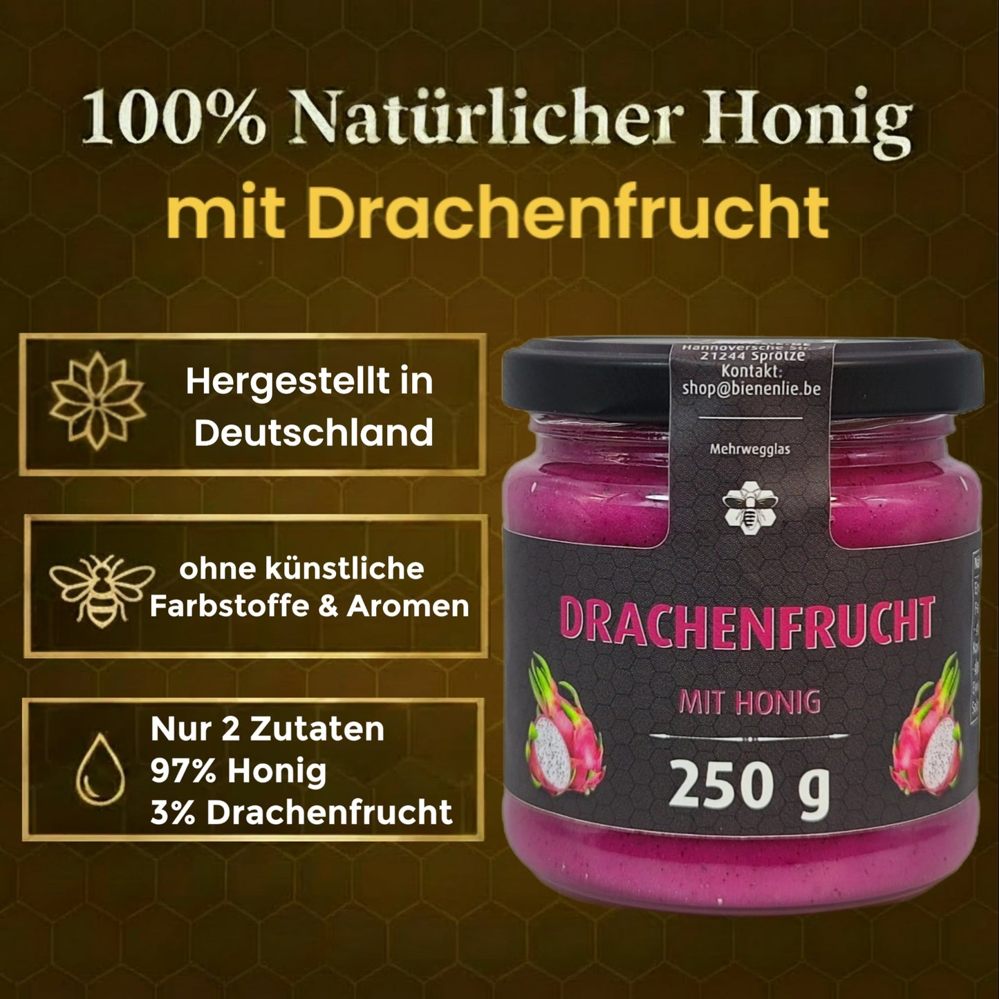 Honig mit Frucht 3`er Set, Mango, Banane, Drachenfrucht mit Honig je 250g