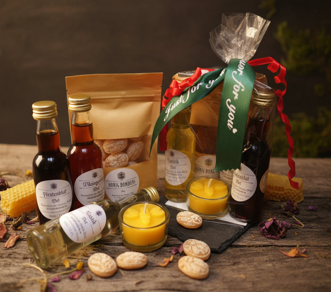 Geschenk-Set -Bee Joy-Honigwein-Bienenwachskerzen-Honigbonbons-2