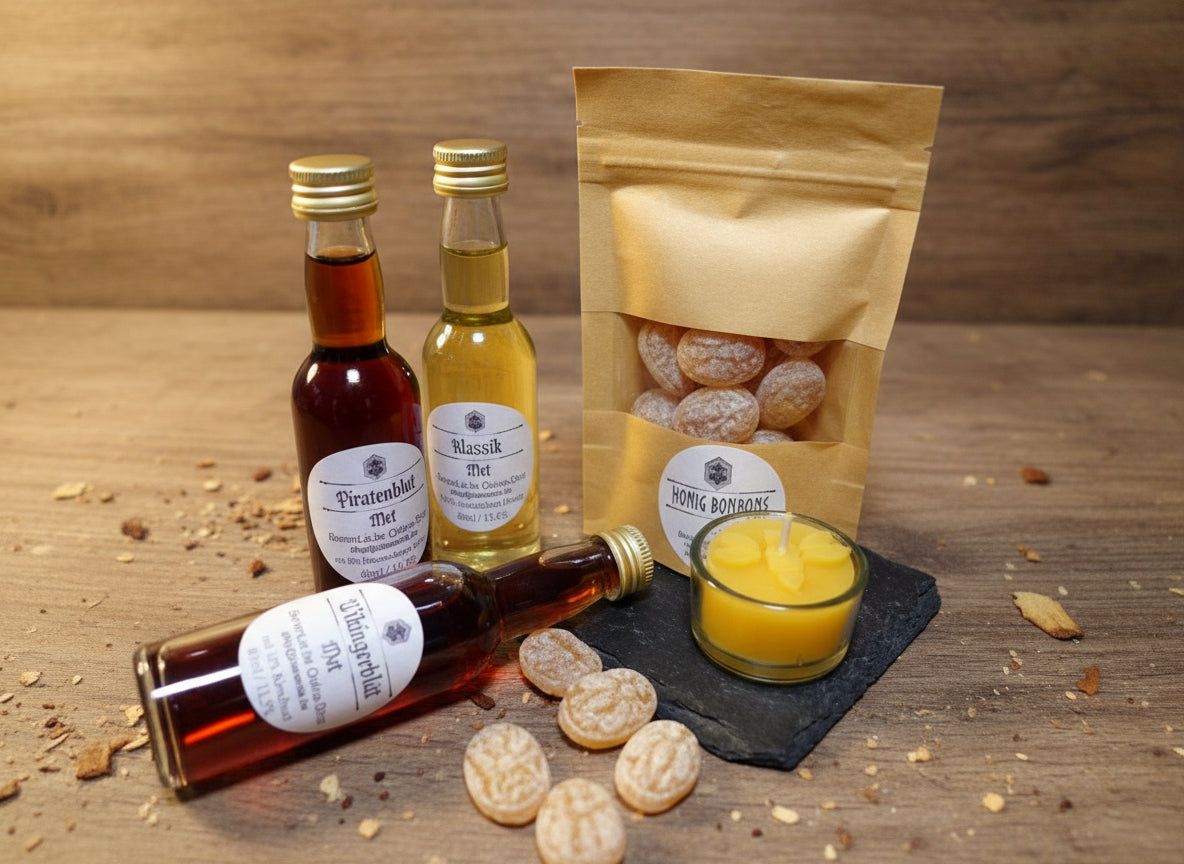 Geschenk-Set -Bee Joy-Honigwein-Bienenwachskerzen-Honigbonbons