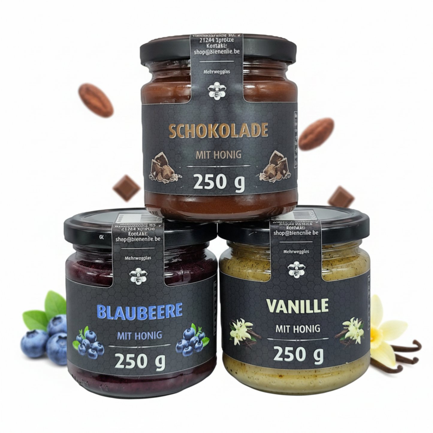 Honig mit Frucht 3´er- Set - Schokolade-Blaubeere-Vanille-250g