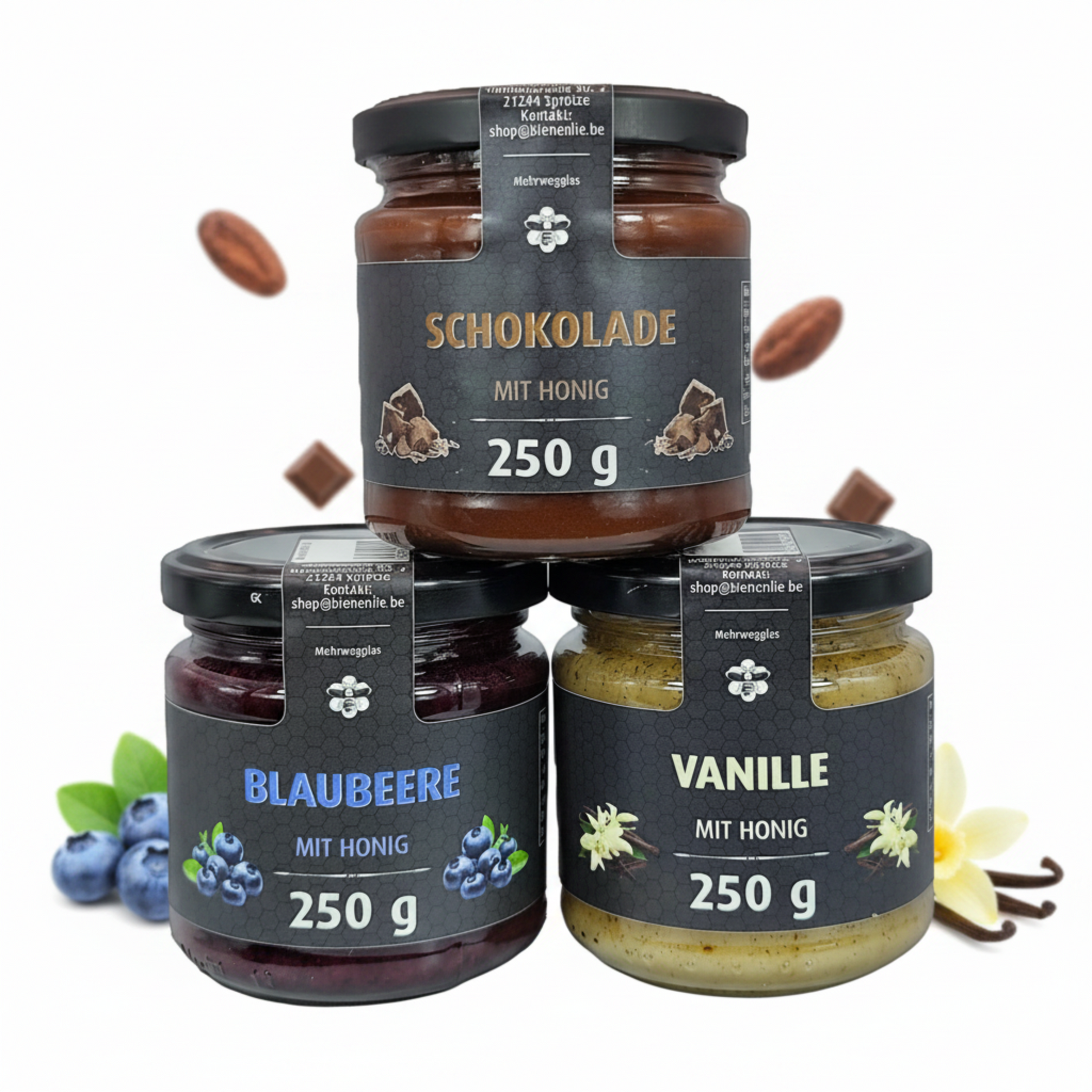 Honig mit Frucht 3´er- Set - Schokolade-Blaubeere-Vanille-250g