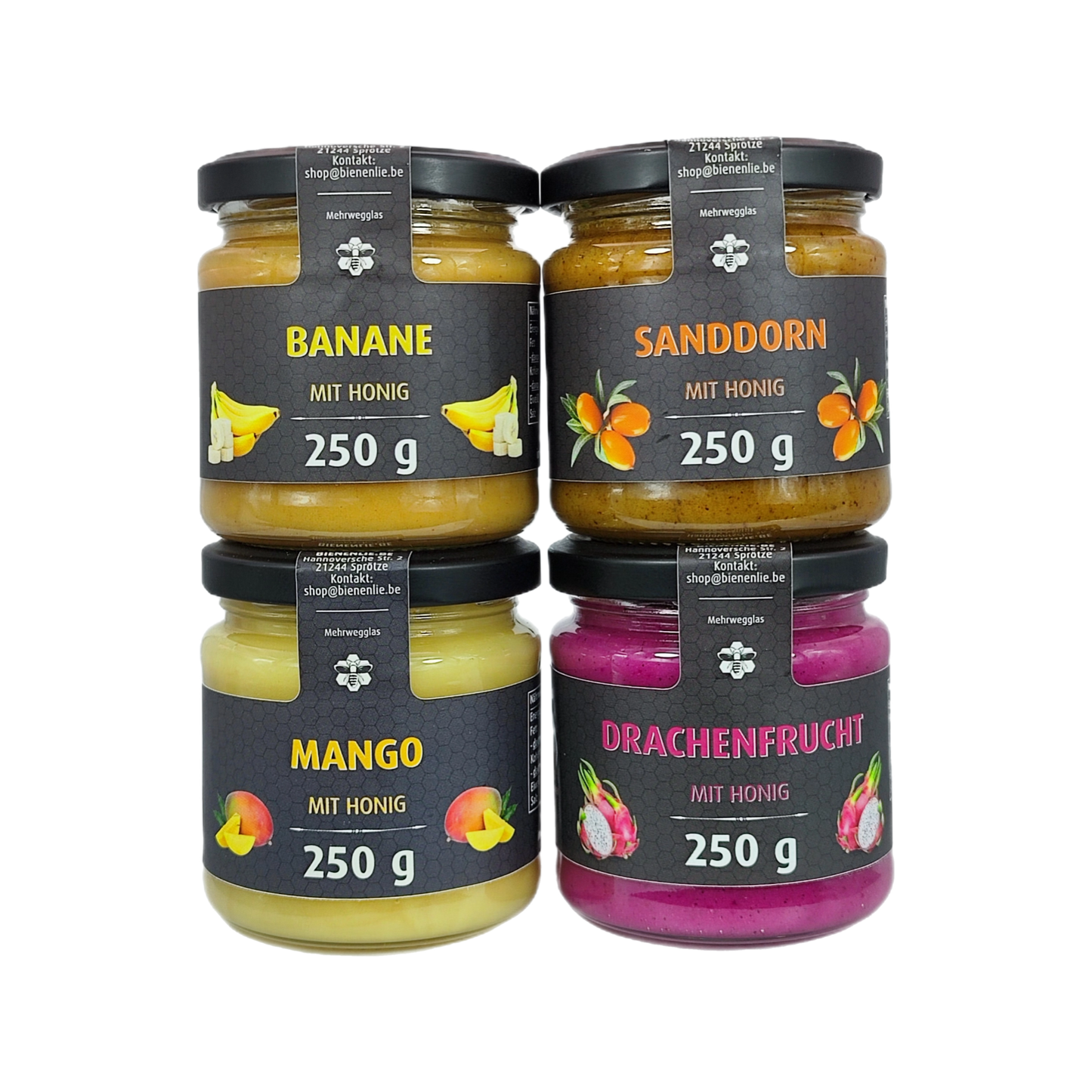 Honig mit Frucht 4er Set | Banane, Sanddorn, Mango & Drachenfrucht mit Honig | je 250g