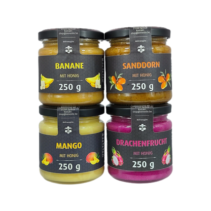 Honig mit Frucht 4er Set | Banane, Sanddorn, Mango & Drachenfrucht mit Honig | je 250g