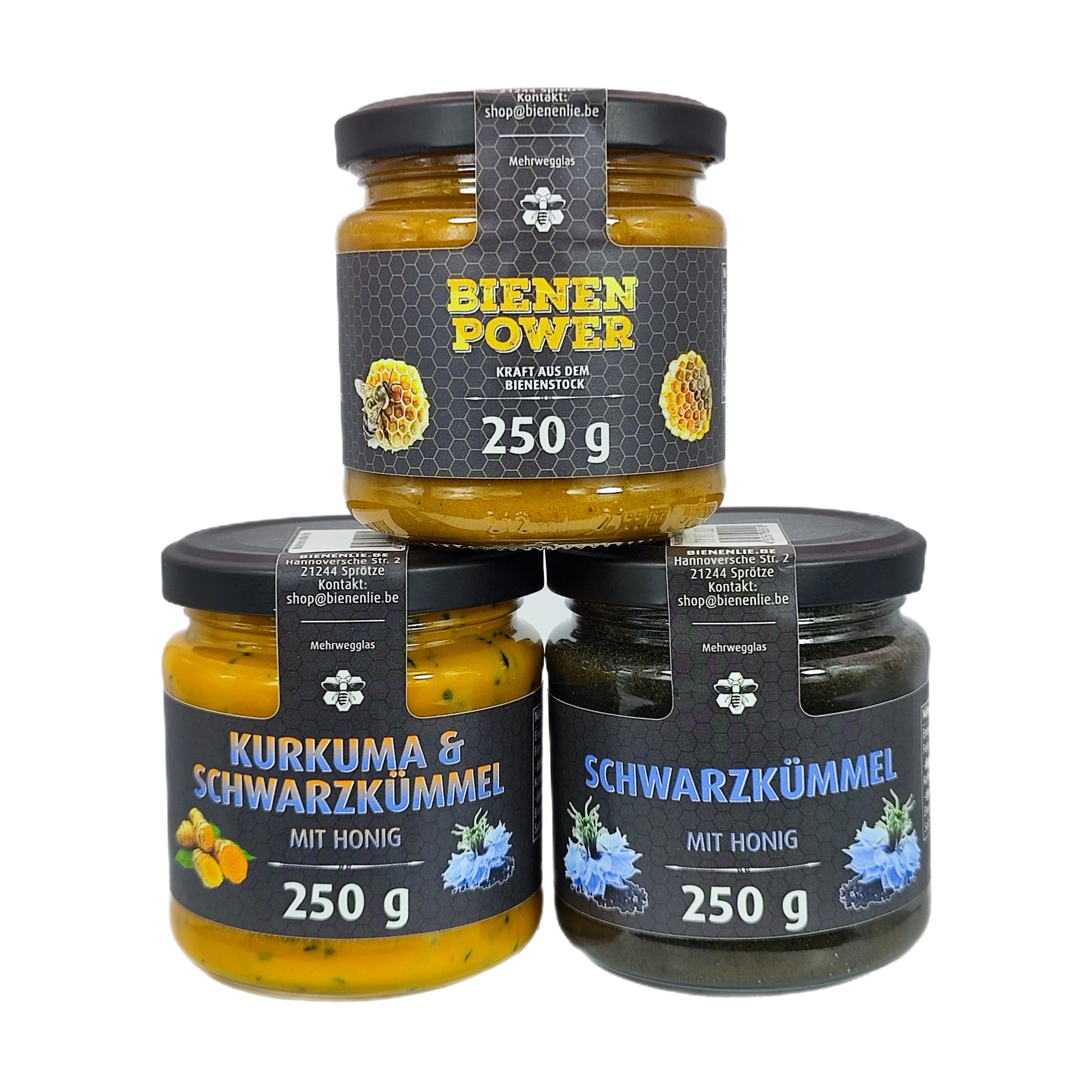 Schwarzkümmel Power Trio | Kurkuma Schwarzkümmel, Bienenpower & Schwarzkümmel mit Honig – je 250g