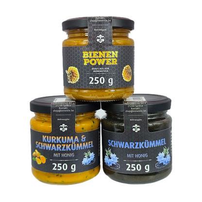 Schwarzkümmel Power Trio | Kurkuma Schwarzkümmel, Bienenpower & Schwarzkümmel mit Honig – je 250g