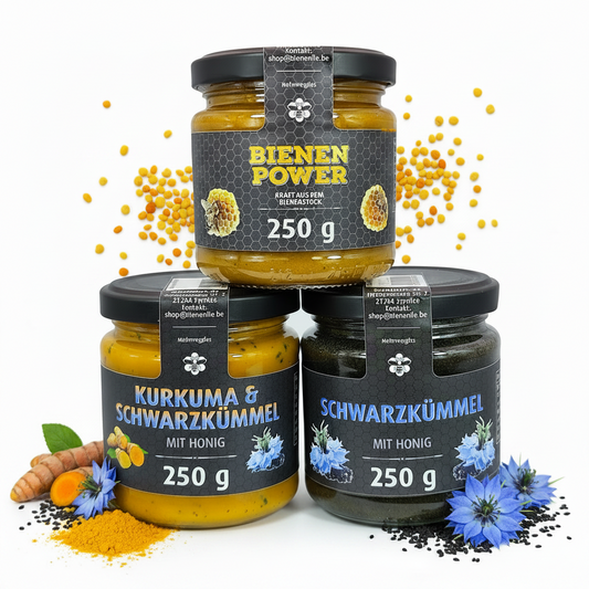 Schwarzkümmel Power Trio | Kurkuma Schwarzkümmel, Bienenpower & Schwarzkümmel mit Honig – je 250g