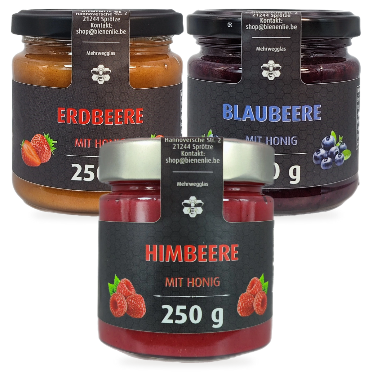 Beeren-Trio Sparbundle – Erdbeere, Himbeere & Blaubeere mit Honig | 3 × 250 g – 3 Gläser zusammen als Set, Original-Produktbilder