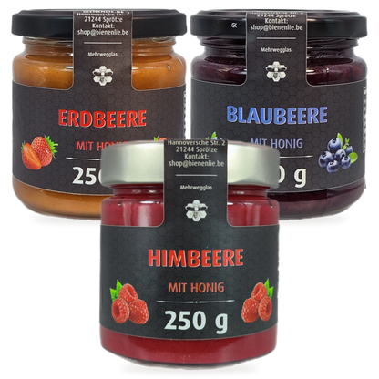Beeren-Trio Sparbundle – Erdbeere, Himbeere & Blaubeere mit Honig | 3 × 250 g – 3 Gläser zusammen als Set, Original-Produktbilder