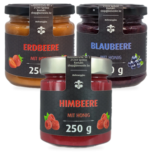 Beeren-Trio Sparbundle – Erdbeere, Himbeere & Blaubeere mit Honig | 3 × 250 g – 3 Gläser zusammen als Set, Original-Produktbilder