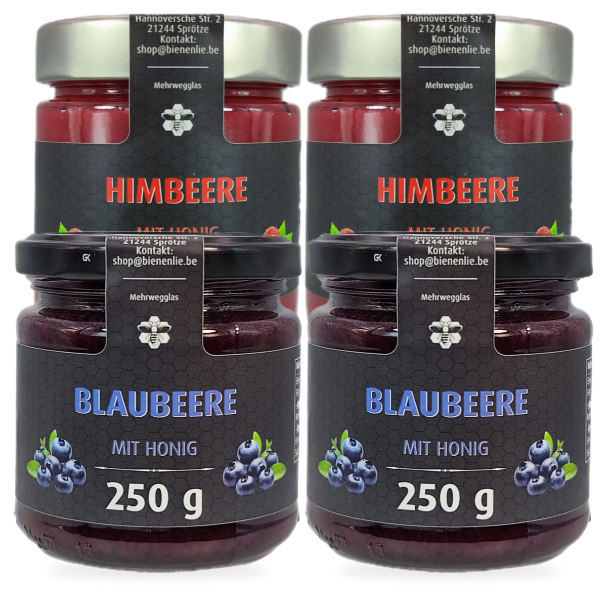 Beeren-Vorrat Sparbundle – 2 × Himbeere & 2 × Blaubeere mit Honig | 4 × 250 g – 4 Gläser zusammen als Set, Original-Produktbilder