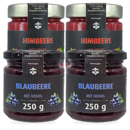 Beeren-Vorrat Sparbundle – 2 × Himbeere & 2 × Blaubeere mit Honig | 4 × 250 g – 4 Gläser zusammen als Set, Original-Produktbilder