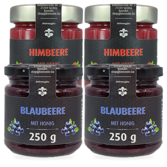 Beeren-Vorrat Sparbundle – 2 × Himbeere & 2 × Blaubeere mit Honig | 4 × 250 g – 4 Gläser zusammen als Set, Original-Produktbilder