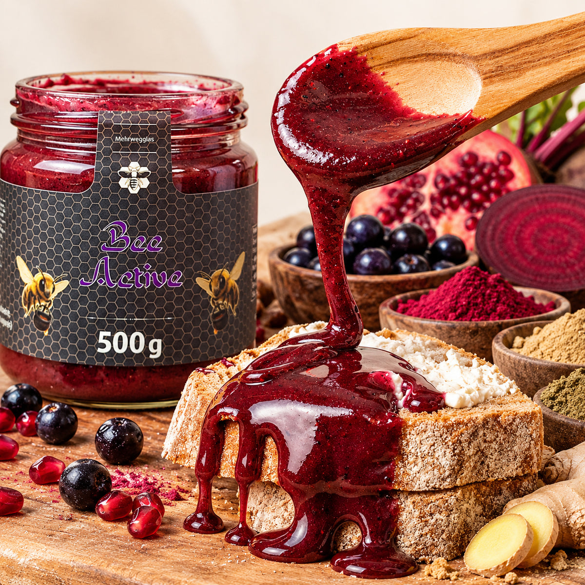Bee Active - kräftig & leicht herb | 500g – Honigkreation auf frischem Brot