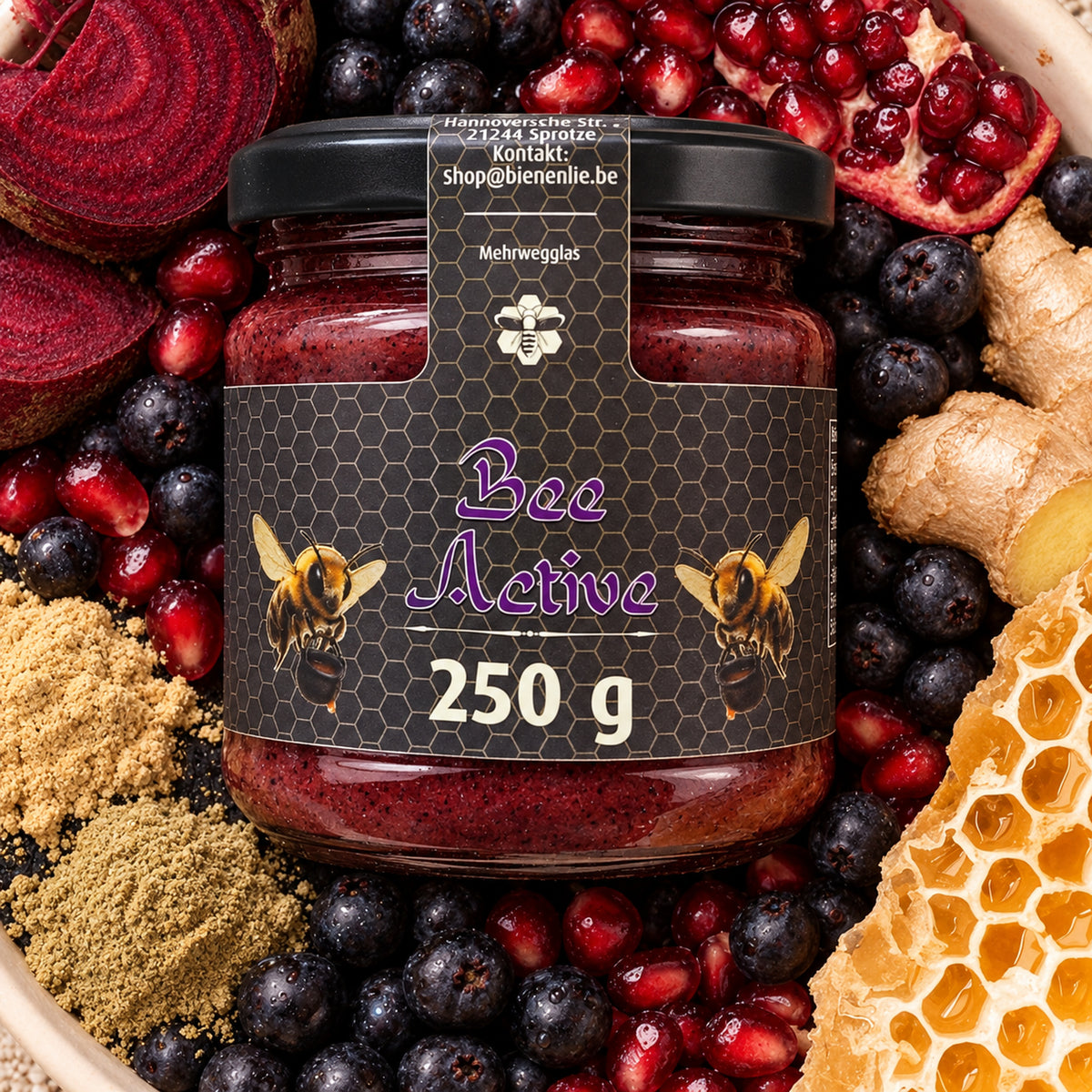 Bee Active - kräftig & leicht herb | 250g – Produktglas im Zutatenbett
