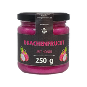 Drachenfrucht mit Honig 250 g – Originalproduktglas auf weißem Hintergrund