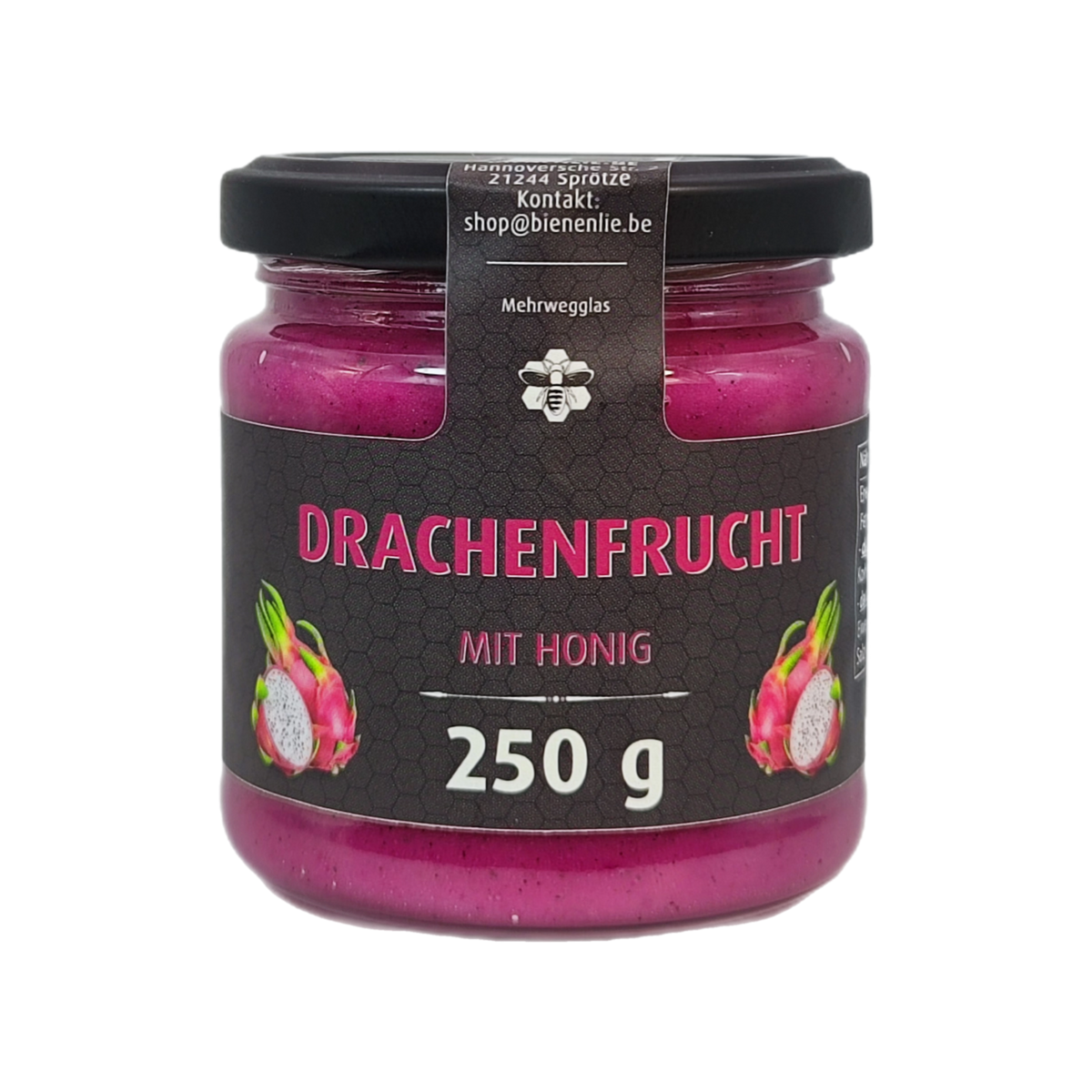 Drachenfrucht mit Honig 250 g – Originalproduktglas auf weißem Hintergrund