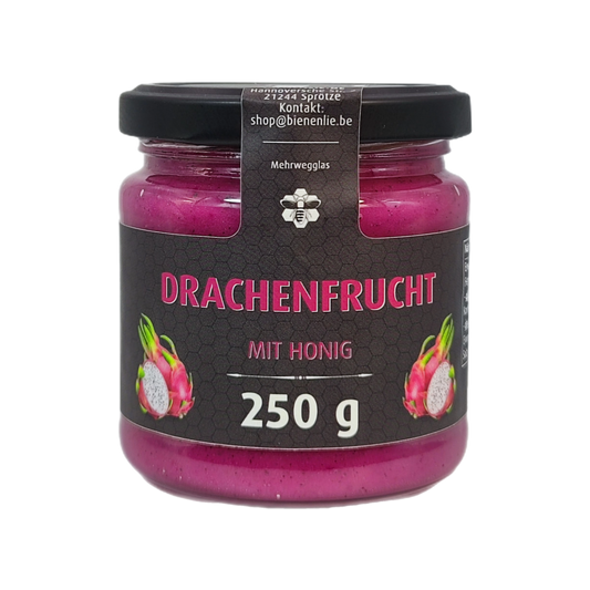 Drachenfrucht mit Honig 250 g – Originalproduktglas auf weißem Hintergrund