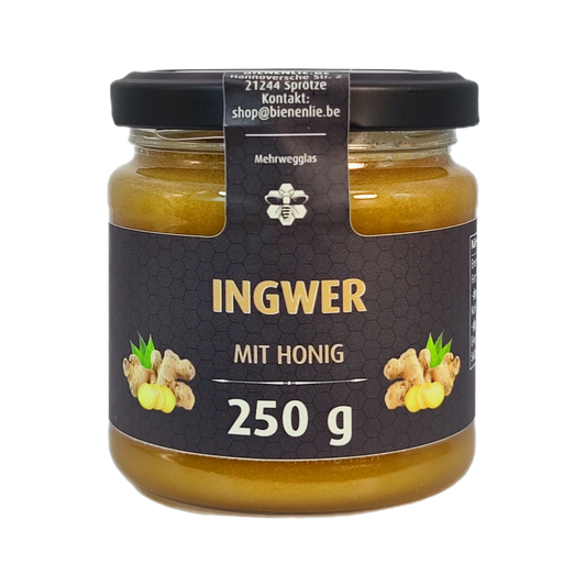 Ingwer mit Honig250g – Originalproduktglas auf weißem Hintergrund