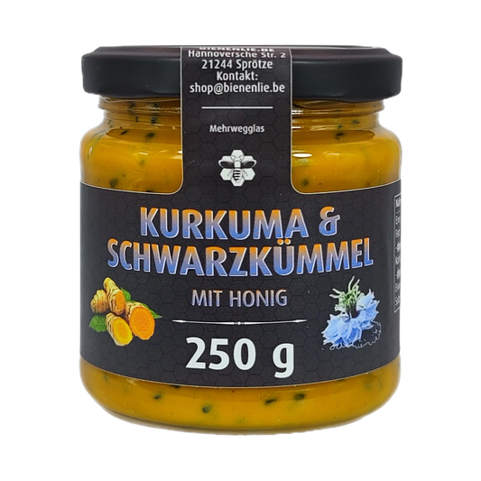 Kurkuma-Schwarzkümmel mit Honig250g – Originalproduktglas auf weißem Hintergrund