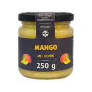 Mango mit Honig_250g – Originalproduktglas auf weißem Hintergrund