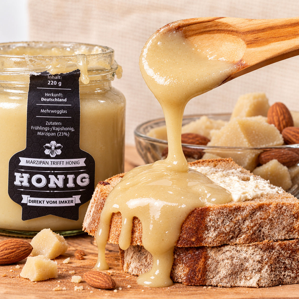 Marzipan mit Honig – mandelig & intensiv | 220 g – Honigkreation auf frischem Brot