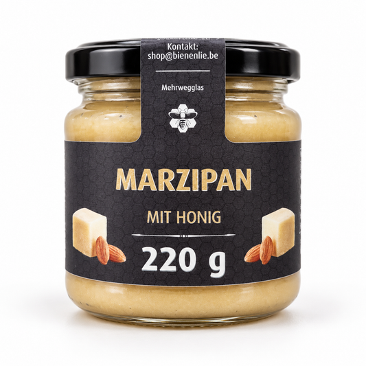 Marzipan mit Honig 220 g von BienenLie.be – Glas auf weißem Hintergrund