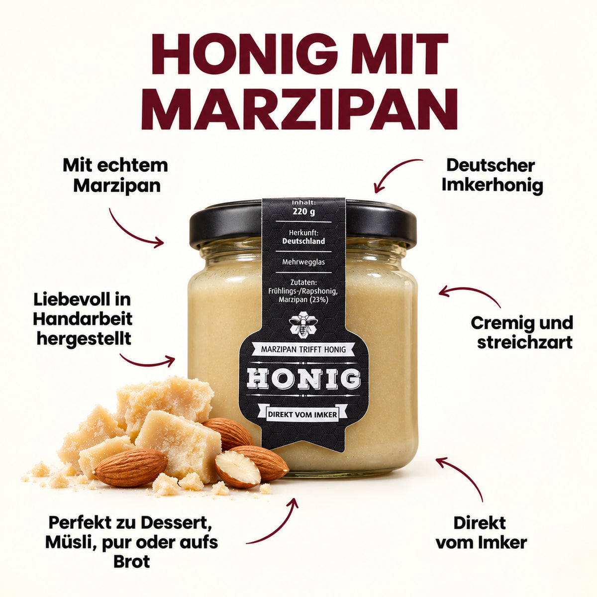 Marzipan mit Honig – mandelig & intensiv | 220 g – Produktinformationen