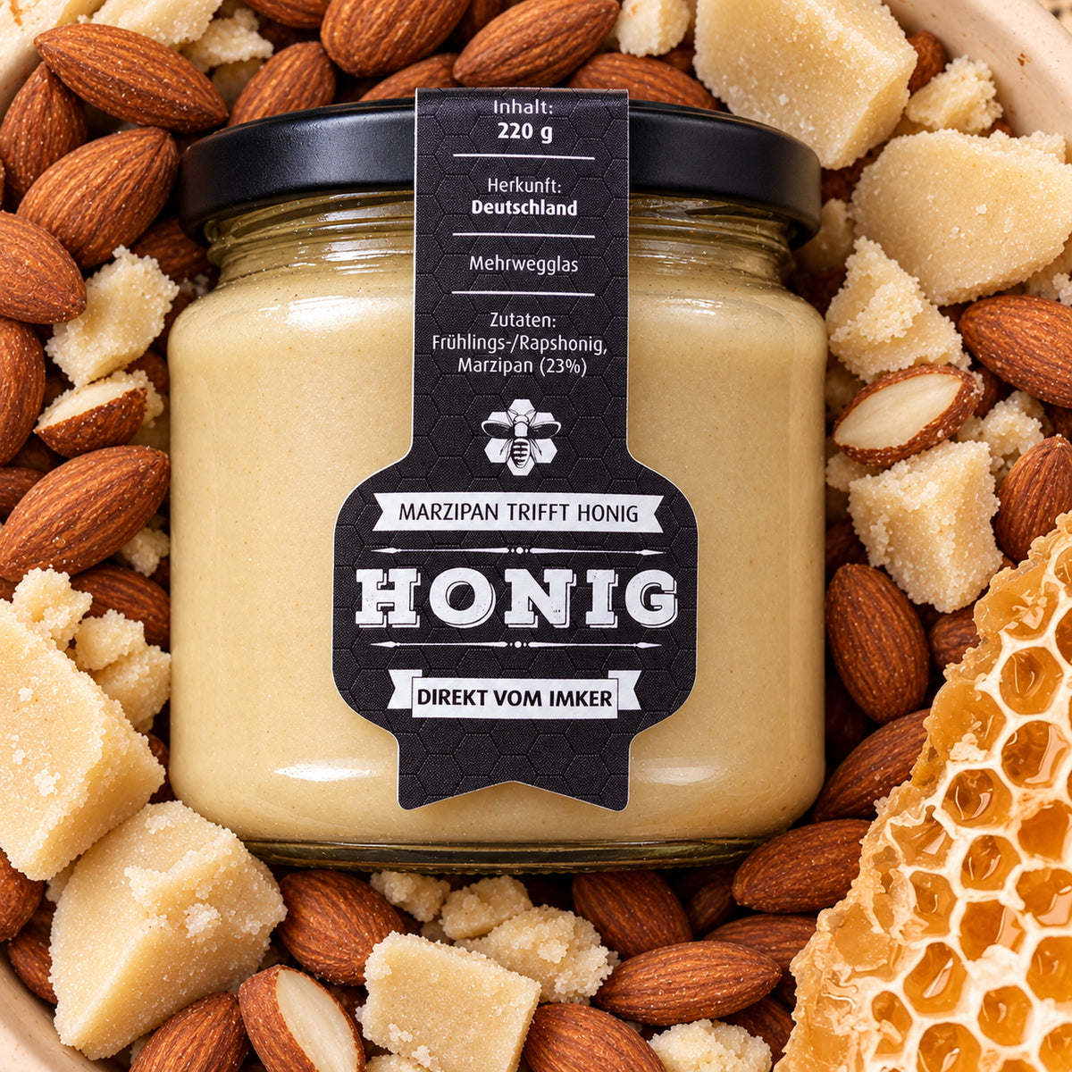Marzipan mit Honig – mandelig & intensiv | 220 g – Produktglas im Zutatenbett