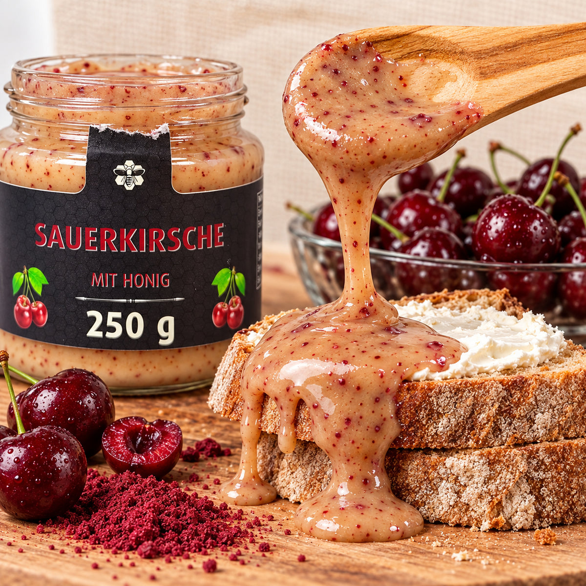 Sauerkirsche mit Honig - fruchtig & säuerlich | 250g – Honigkreation auf frischem Brot