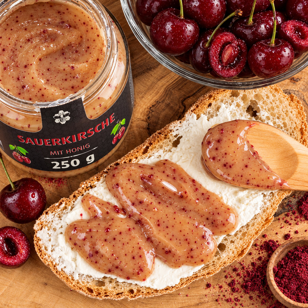 Sauerkirsche mit Honig - fruchtig & säuerlich | 250g – Brotaufstrich aus der Vogelperspektive
