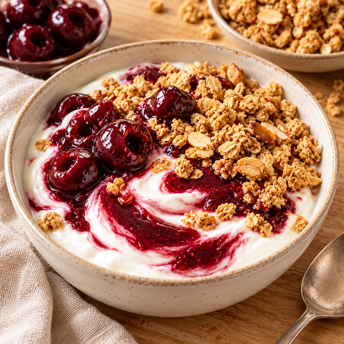 Kirsch-Joghurt mit Granola – Serviervorschlag