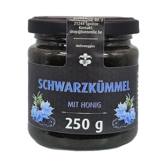 Schwarzkümmel mit Honig_250g – Originalproduktglas auf weißem Hintergrund