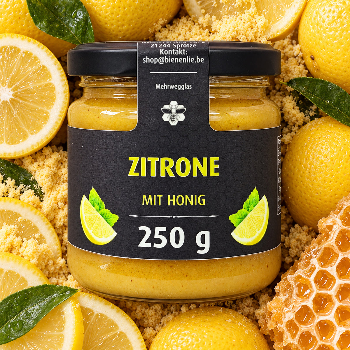 Zitrone mit Honig - frisch & säuerlich | 250g – Produktglas im Zutatenbett