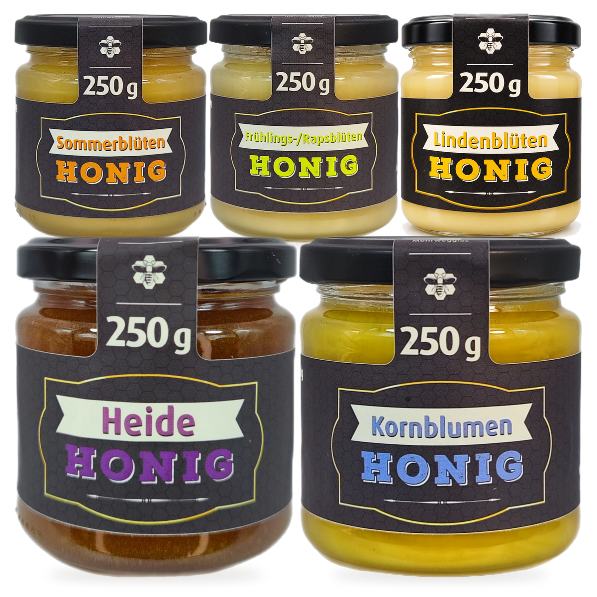 Blütenreise 5er-Sparbundle – Sommer, Raps, Linde, Heide & Kornblume | 5 × 250 g – 5 Gläser zusammen als Set, Original-Produktbilder