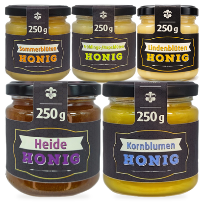 Blütenreise 5er-Sparbundle – Sommer, Raps, Linde, Heide & Kornblume | 5 × 250 g – 5 Gläser zusammen als Set, Original-Produktbilder
