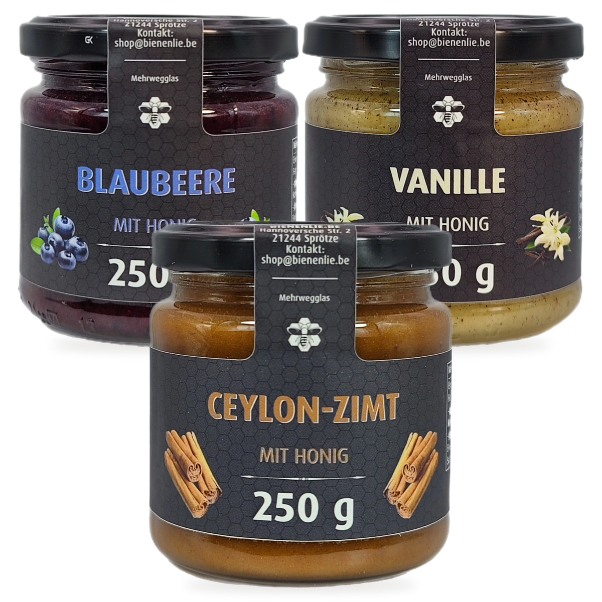Desserttrio Sparbundle – Blaubeere, Vanille & Ceylon-Zimt mit Honig | 3 × 250 g – 3 Gläser zusammen als Set, Original-Produktbilder
