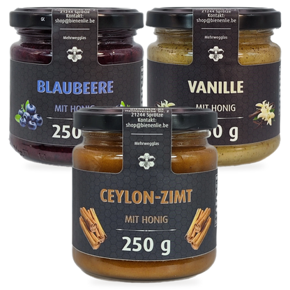 Desserttrio Sparbundle – Blaubeere, Vanille & Ceylon-Zimt mit Honig | 3 × 250 g – 3 Gläser zusammen als Set, Original-Produktbilder
