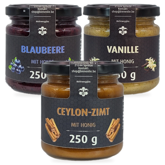 Desserttrio Sparbundle – Blaubeere, Vanille & Ceylon-Zimt mit Honig | 3 × 250 g – 3 Gläser zusammen als Set, Original-Produktbilder