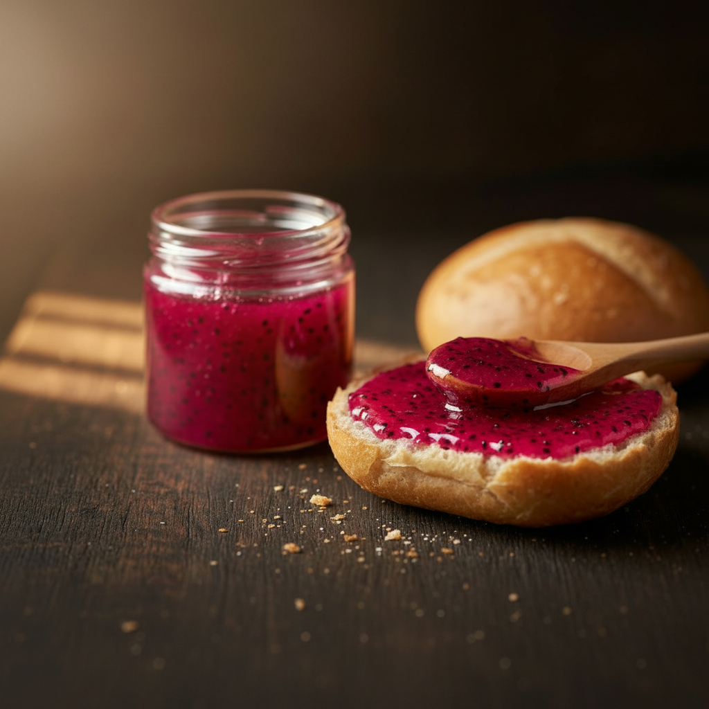 Drachenfrucht-Honig auf Brötchen
