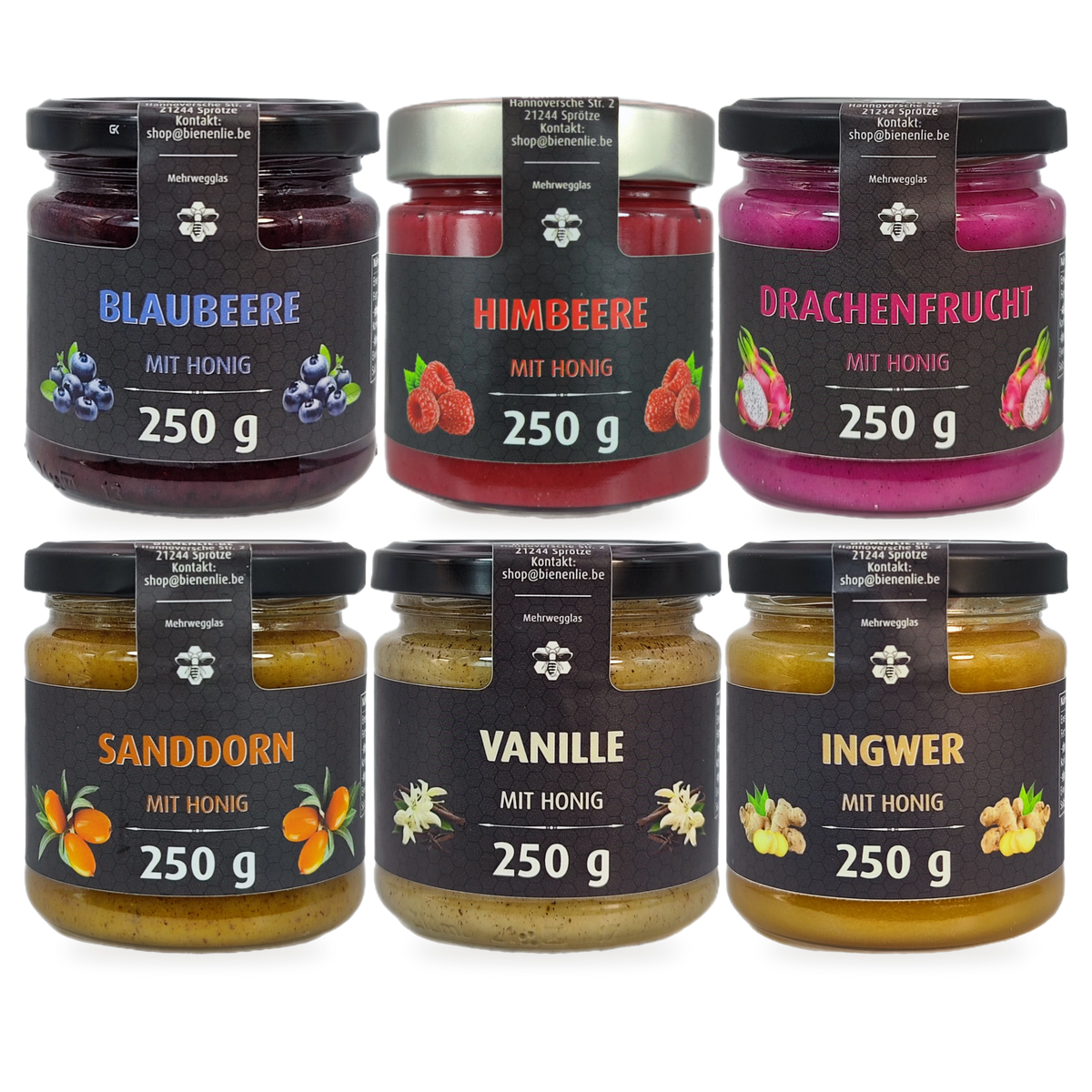 Honig-Entdeckerpaket Sparbundle – Frucht, Vanille & Ingwer | 6 × 250 g – 6 Gläser zusammen als Set, Original-Produktbilder