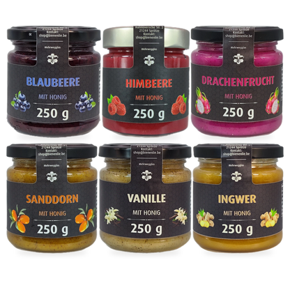 Honig-Entdeckerpaket Sparbundle – Frucht, Vanille & Ingwer | 6 × 250 g – 6 Gläser zusammen als Set, Original-Produktbilder